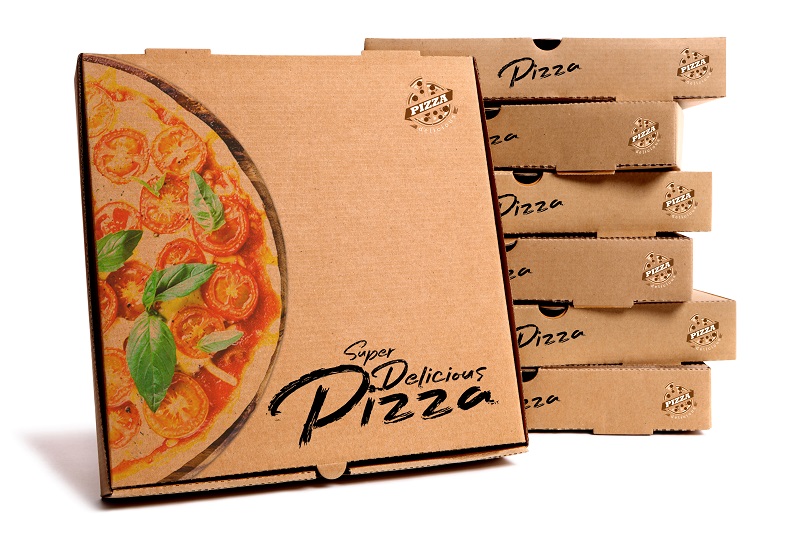Stack of plain brown pizza boxes with one front facing box for display or advertising.  Isolated on white background.  Copy space.